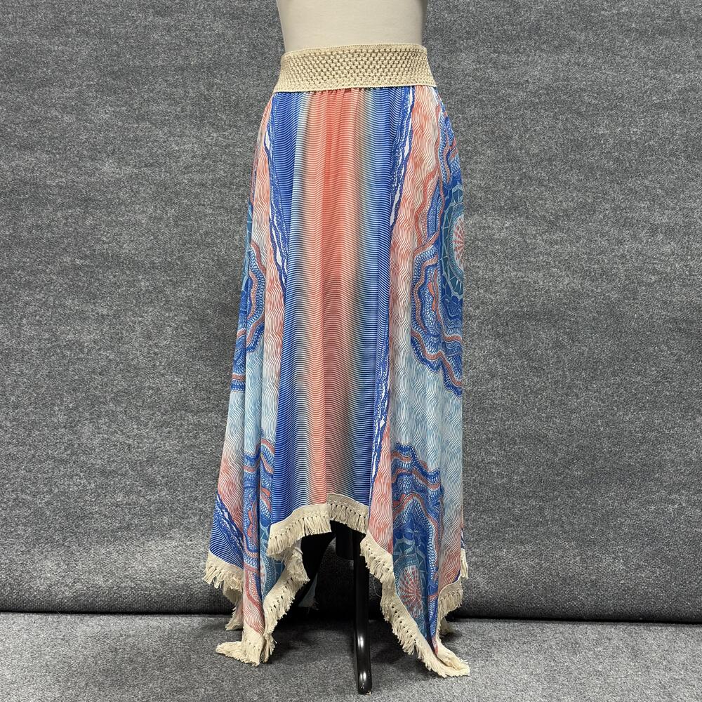 Ramy Brook Skirt Womens Large Blue Coral Printed Riviera Boho Fringe Hem Tassel